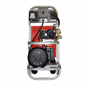 Front view of a compact industrial pressure washer featuring a motor, pump, and control components mounted on a portable metal frame